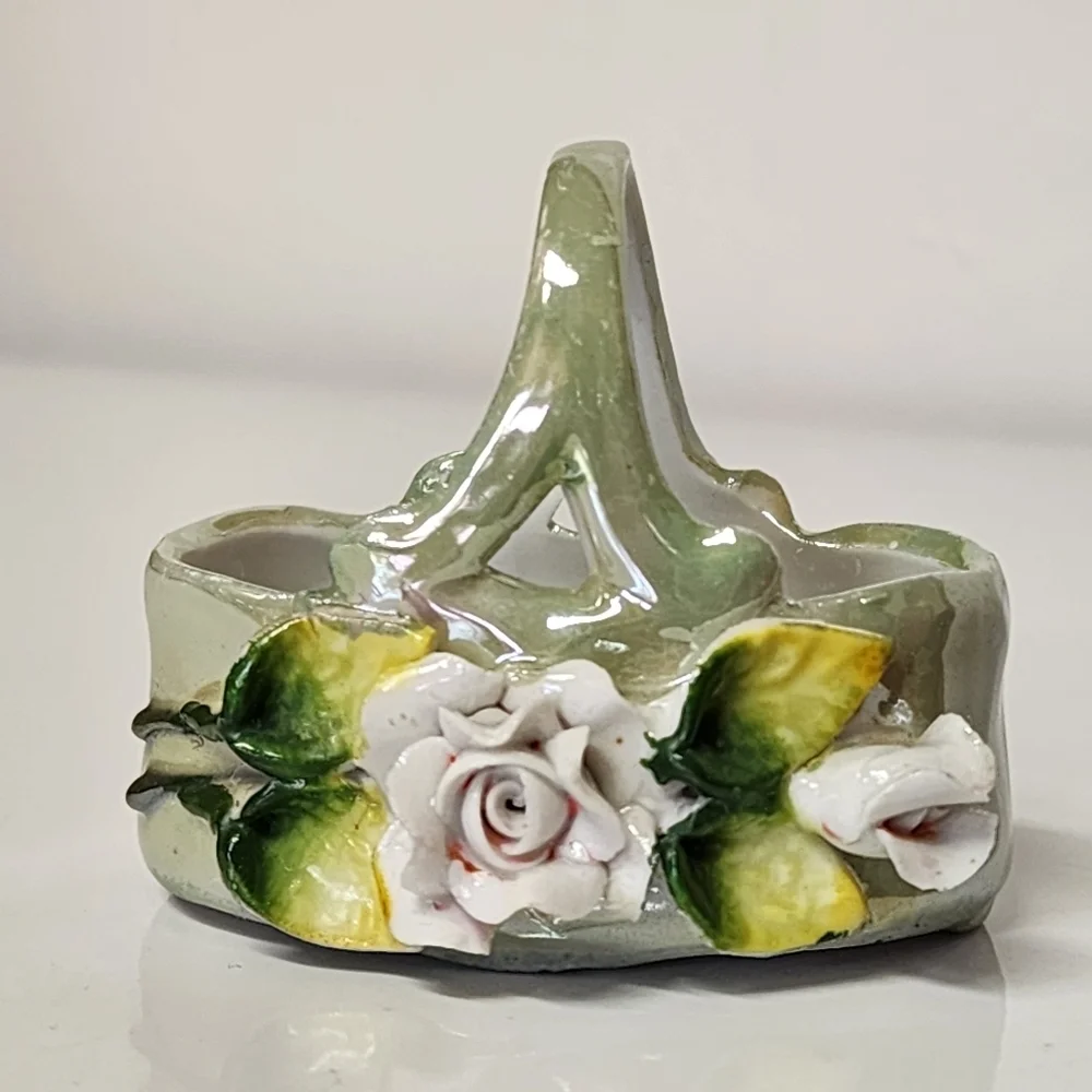 Vtg German Elfinware Porcelain Lusterware Green Miniature Rose Floral Basket